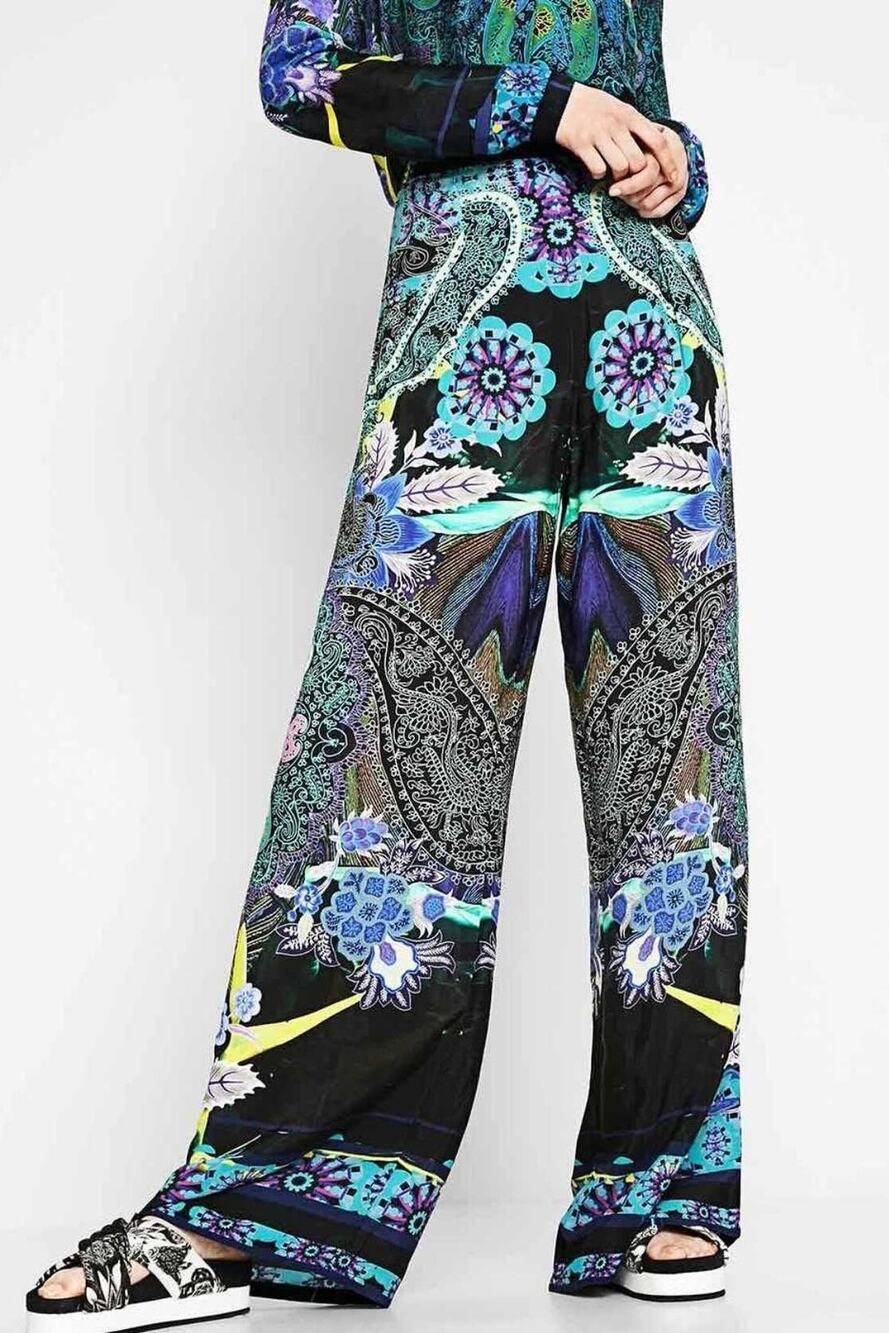 Desigual Briss Palazzo Wide Leg Trousers Pants High Waist Paisley Floral Boho M